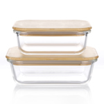 SET DE 2 BOWLS RECTANGULARES DE VIDRIO CON TAPA DE BAMBOO