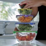 SET DE 5 BOWLS DE VIDRIO CON TAPA MULTICOLOR