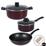 Olla Cacerola + Wok Sarten Domo Con Tapa Vidrio Linea Black