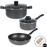 Olla Cacerola + Wok Sarten Domo Con Tapa Vidrio Linea Black