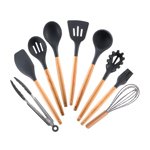 Set x 9 Kit Utensilios De Cocina GADNIC BLACK2.0 Mango Madera Punta Silicona