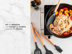 Set x 9 Kit Utensilios De Cocina GADNIC BLACK2.0 Mango Madera Punta Silicona