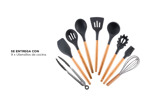 Set x 9 Kit Utensilios De Cocina GADNIC BLACK2.0 Mango Madera Punta Silicona