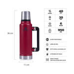 Termo Stanley Clásico 1.4 Lts C/ Tapón Cebador Acero Inox - Rojo
