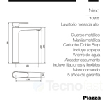 Grifería Lavatorio Monocomando Mesada Alta Piazza Next 10202
