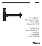 Piazza Sl400ne Sifón Descarga Desagüe Bacha Lavatorio Negro