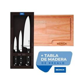 Set De 3 Cuchillos Acero Inox Pchef Tabla Madera...