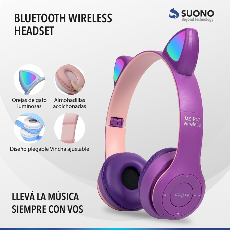 Auriculares Inalámbricos Suono Bluetooth Orejas De Gato Rosa - SUONO  AURICULARES - Megatone
