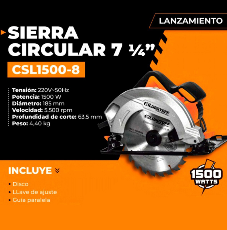 Sierra Circular Mano 1500w Lusqtoff Madera 7 1/4 185mm +guia