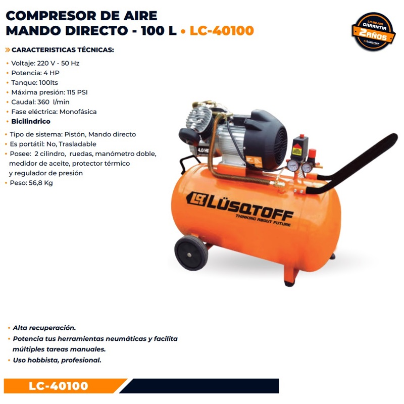 COMPRESOR DE AIRE 100 LTS / 4 HP / MANDO DIRECTO LC- 40100