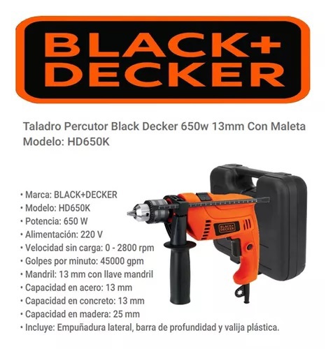 Taladro Percutor Eléctrico Black + Decker 13mm 650w con Maletín