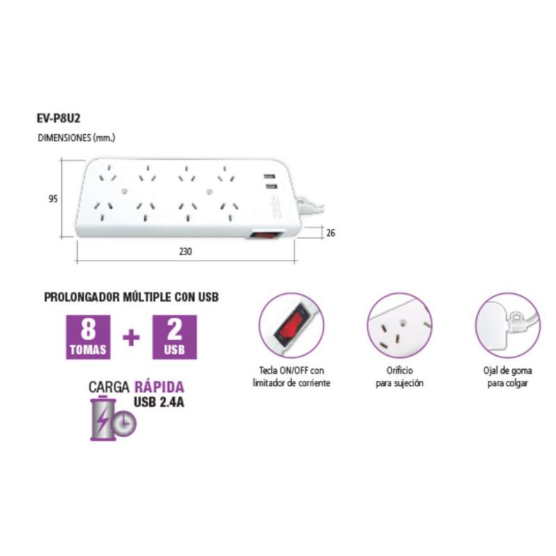 Zapatilla Usb Prolongador 4 Tomas Enchufes 2 Usb 1,5mts