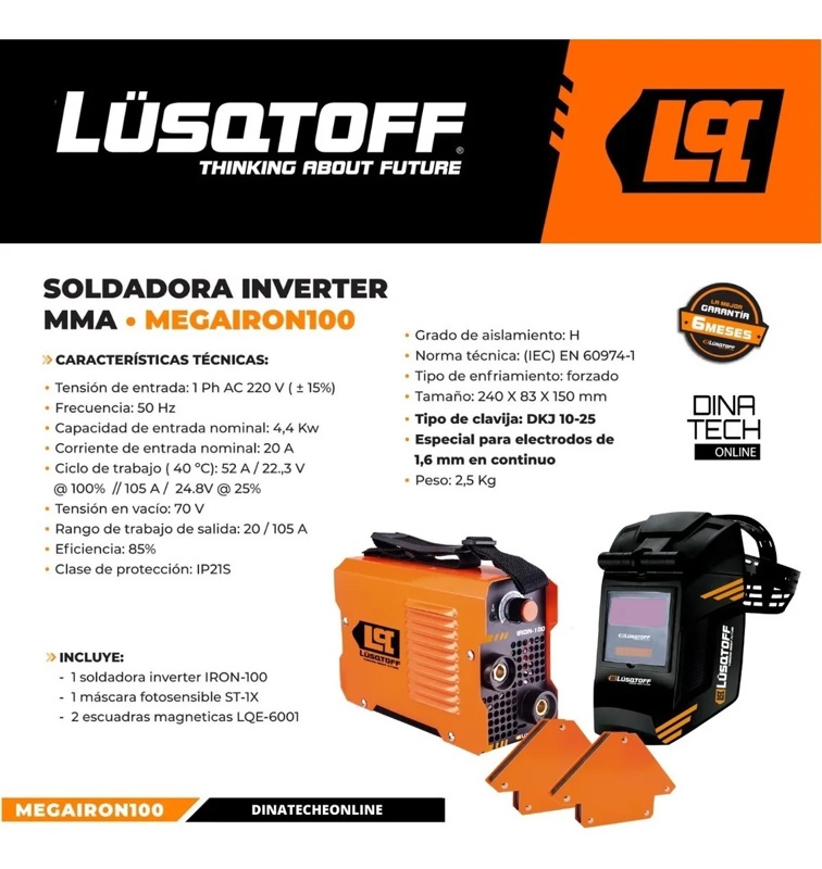 Soldadora Inverter Lusqtoff Iron 100 + Mascara + Electrodos + 4 Escuadras  Magnetica Maquina Soldar Careta