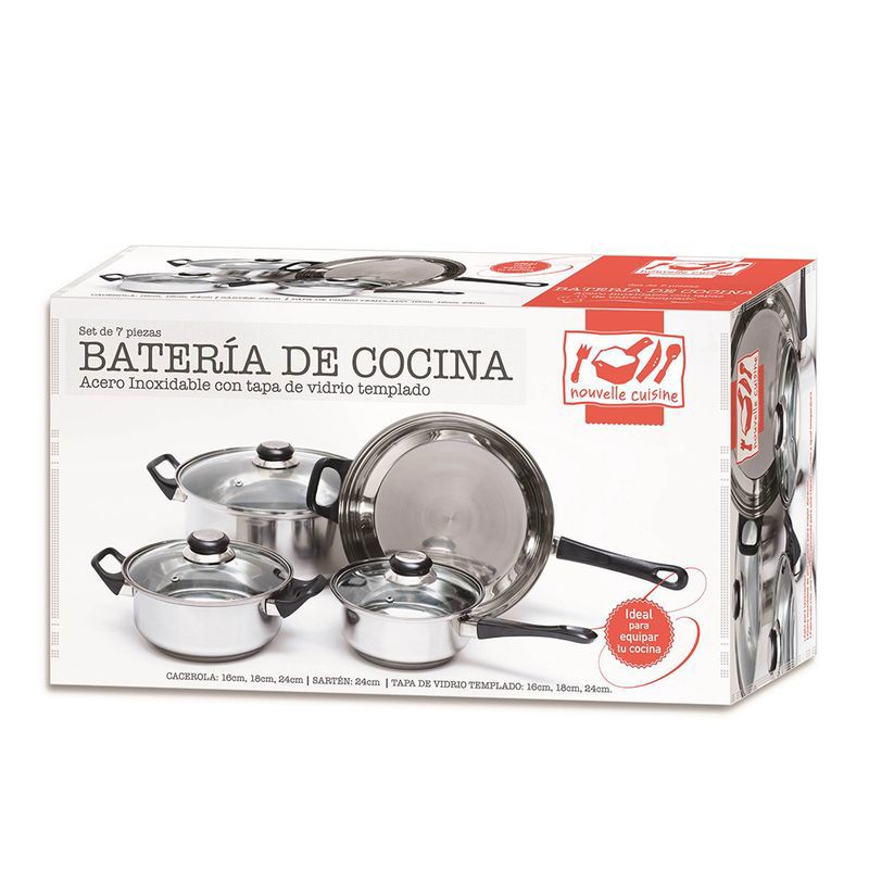 Batería De Cocina 7 Piezas Ac. Inox Cacerola Sarten C/ Tapa - NOUVELLE  CUISINE BATERIAS DE COCINAS - Megatone