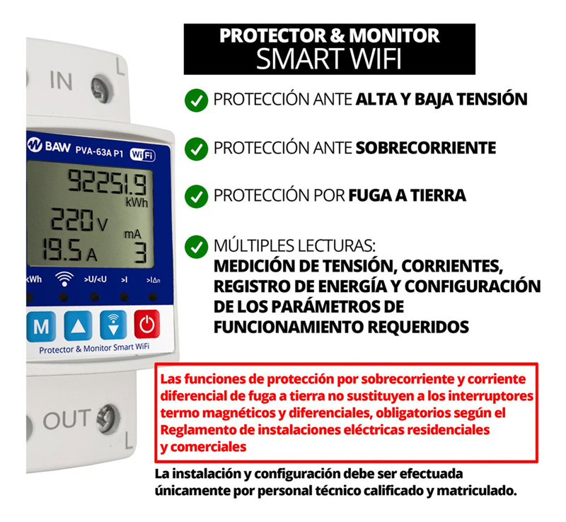 Protector Tensión Baw Monofásico 63a Din Digital Volt Amper - BAW  ILUMINACION INTERIOR - Megatone