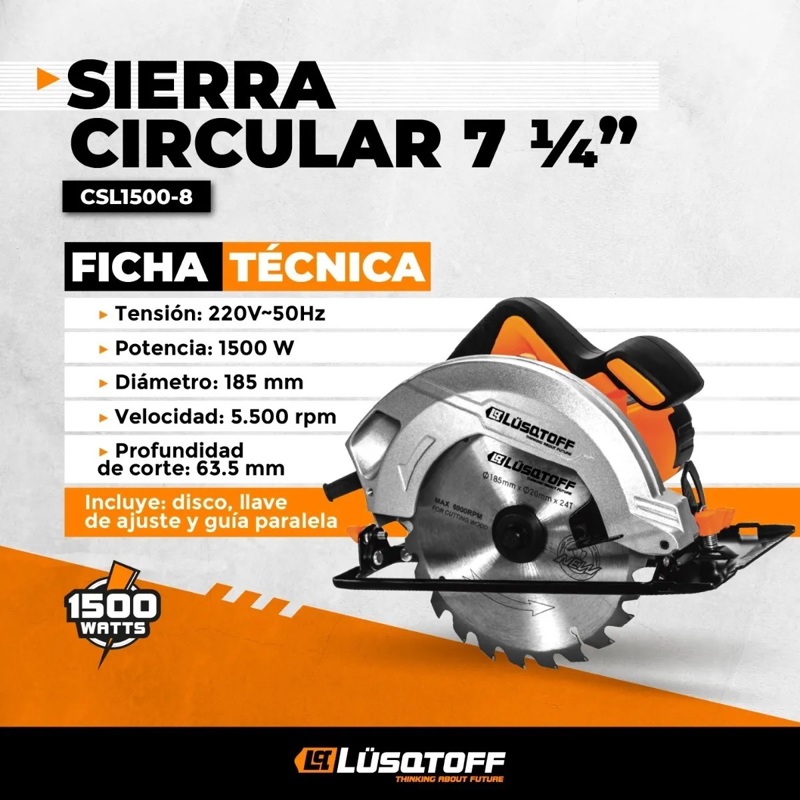 Sierra Circular Electrica Lusqtoff Csl1500 185mm 1500w Guia - LUSQTOFF  HERRAMIENTAS ELECTRICAS - Megatone