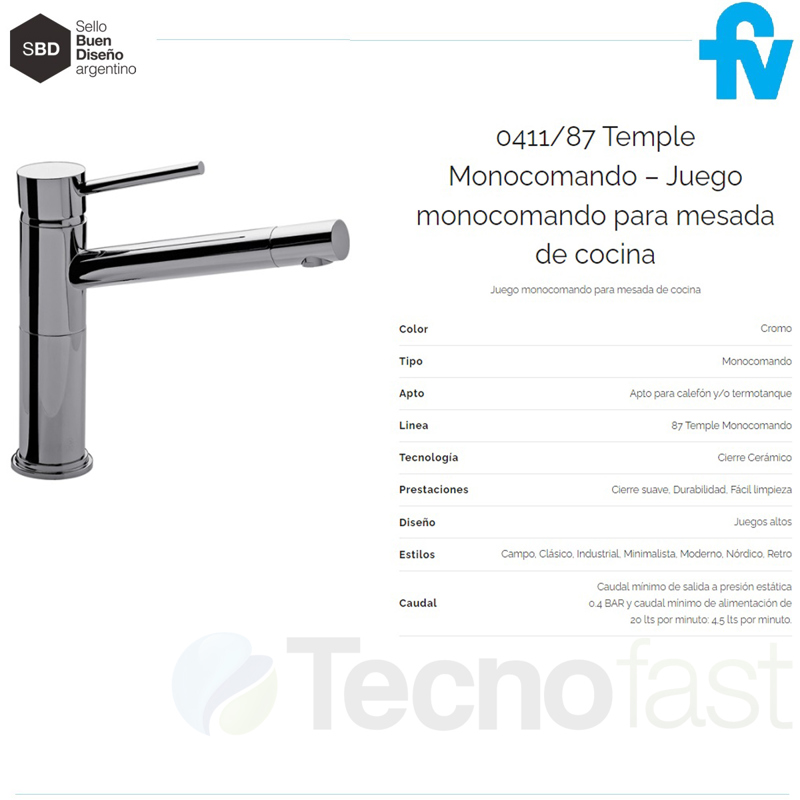 Griferia Cocina Fv Temple Cromo Monocomando 0411 87 Cr FV