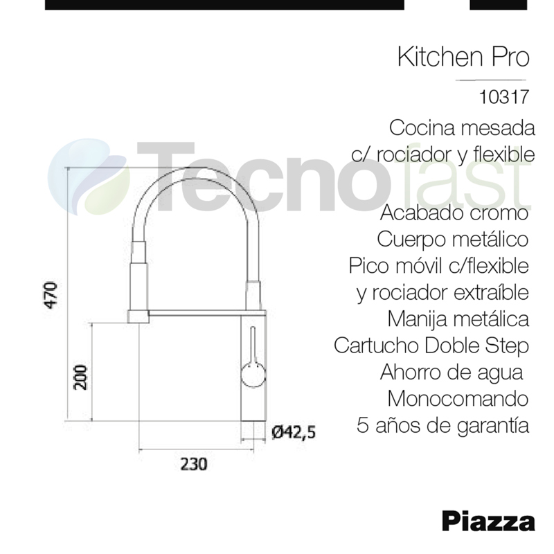 Grifo De Cocina Monocomando Piazza Kitchen Pro 10317 Cromado