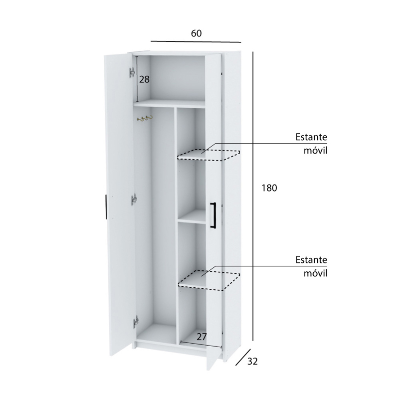 MUEBLE ESCOBERO DESPENSERO MULTIUSO 1 PUERTA 4 Estantes.