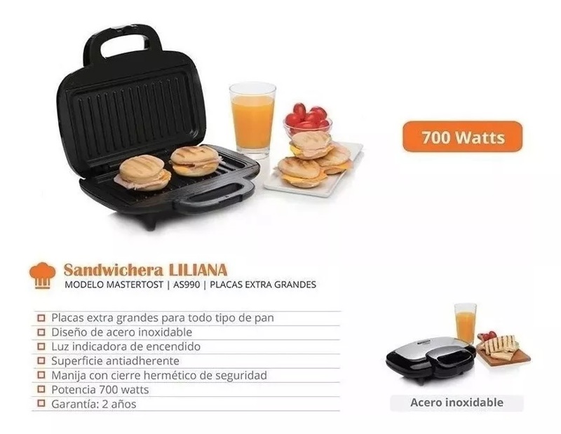 Sandwichera Liliana Mastertost As990 Antiadherente 700 Watts - LILIANA  TOSTADORES Y SANDWICHERAS - Megatone