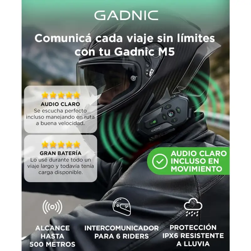 Intercomunicador Para Moto Gadnic BT Para 6 Riders IPX6 Casco Hasta 500M