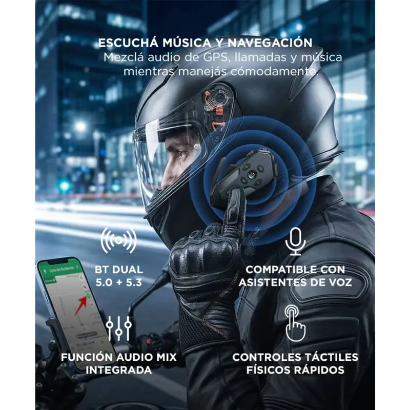 Intercomunicador Para Moto Gadnic BT Para 6 Riders IPX6 Casco Hasta 500M