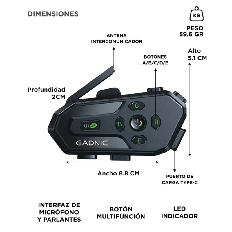 Intercomunicador Para Moto Gadnic BT Para 6 Riders IPX6 Casco Hasta 500M