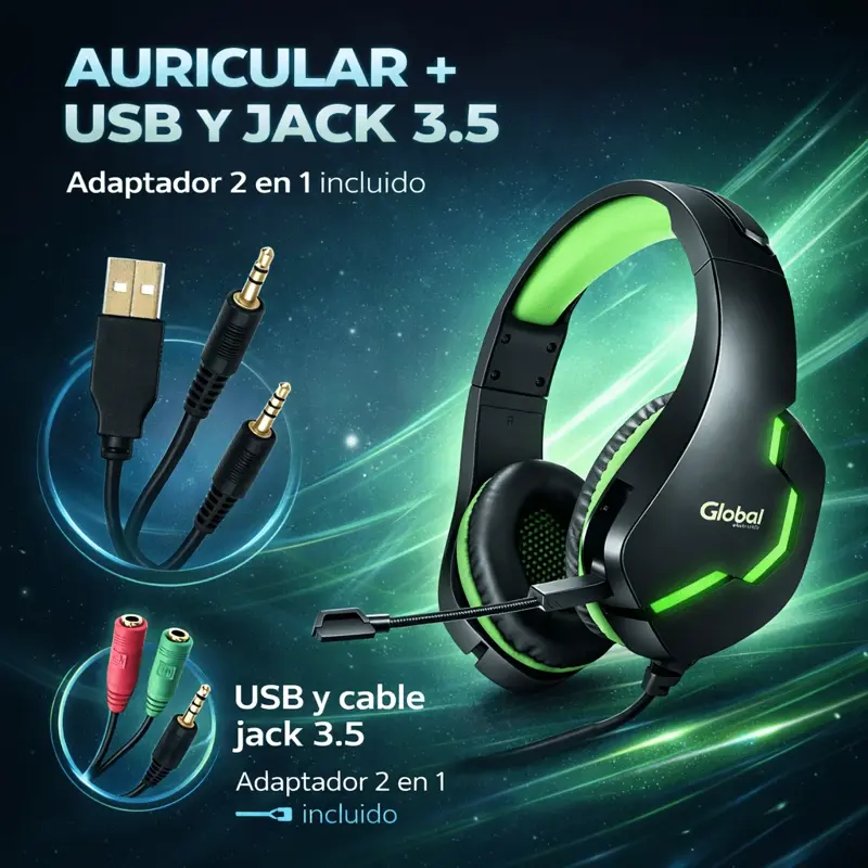 Auricular Gamer Con Microfono Y Luces Negro/Verde