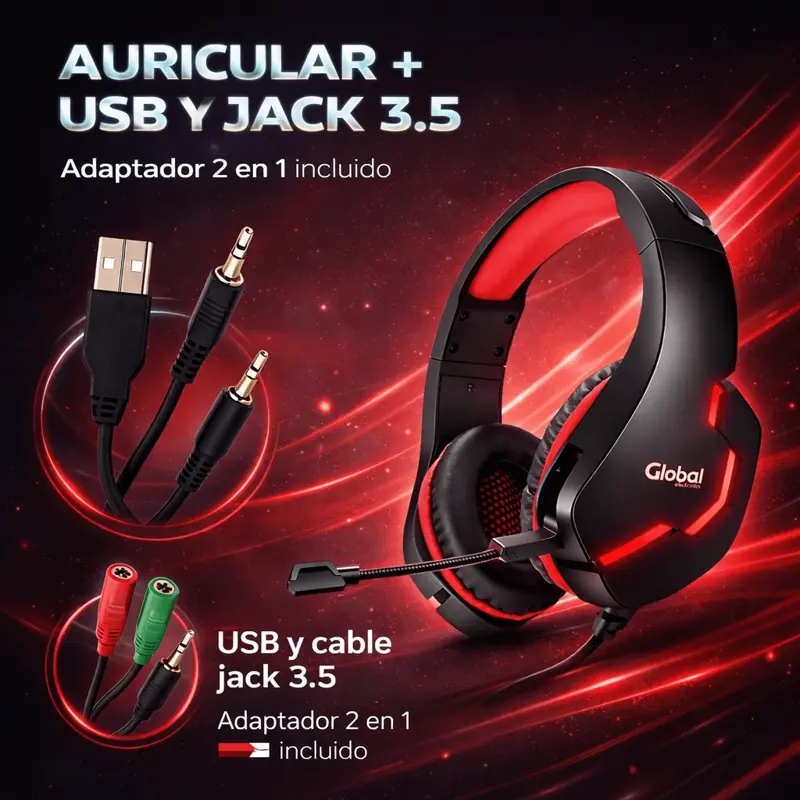 Auriculares Gamer Con Microfono Y Luces Negro/rojo Global