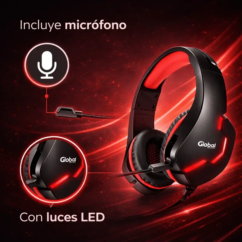 Auriculares Gamer Con Microfono Y Luces Negro/rojo Global