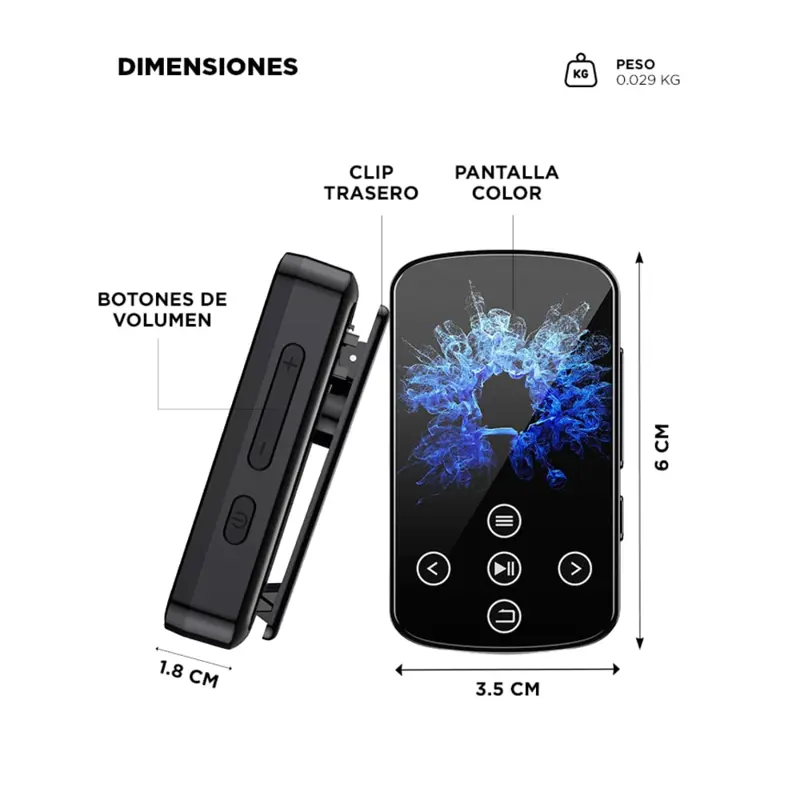 Reproductor MP3 Gadnic 32GB BT 4.2 Pantalla Color 1.5 Pulgadas Memoria Expandible 128GB