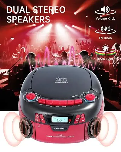 Boombox Cd Bluetooth Cassette Radio Mp3 Usb Aux Con Grabador Rojo