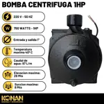 Bomba Centrifuga Konan 1hp Caudal 97 L/m Elevacion 29 Mts Negro 50 Hz Monofásica