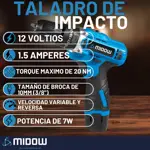 Taladro Percutor Atornillador Inalámbrico De 10mm Midow Celeste