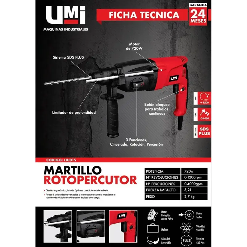 Martillo rotopercutor industrial UMI SDS Plus 720W HU015