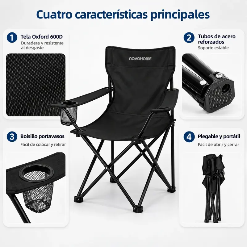 Silla Plegable Camping Director Reforzada Novohome Portavaso