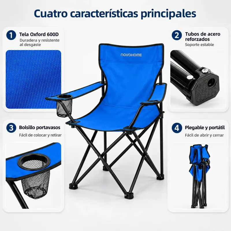 Silla Plegable Camping Director Reforzada Novohome Portavaso