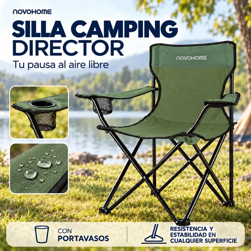 Silla Plegable Camping Director Reforzada Novohome Portavaso