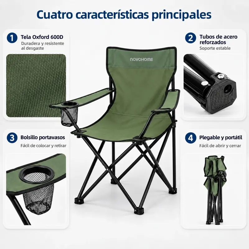 Silla Plegable Camping Director Reforzada Novohome Portavaso