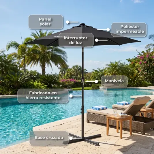 Sombrilla Parasol Con Luces Led Inclinable Waggs Negro