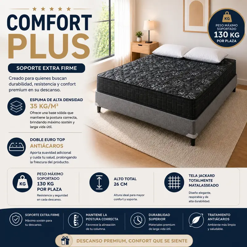 Colchón Queen Size Ayfa Comfort Plus 160x200 Alta Densidad 130kg