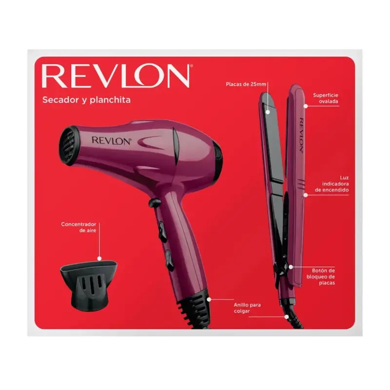 combo secador + planchita rojo revlon rvdr5230rla2av1
