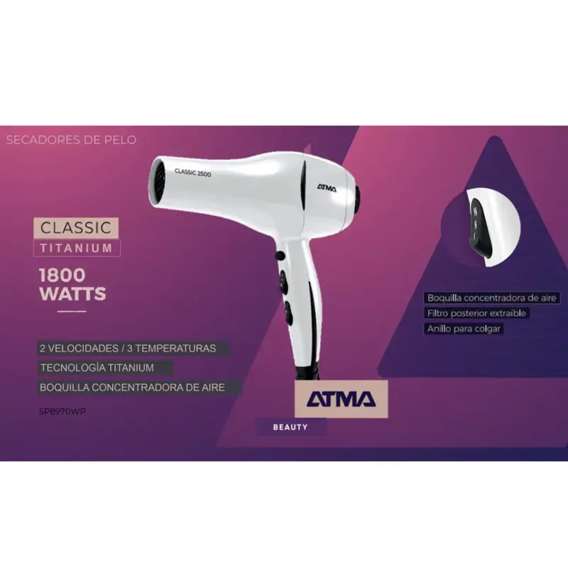 secador de pelo atma 1800w y 3 velocidades color blanco sp8970wp