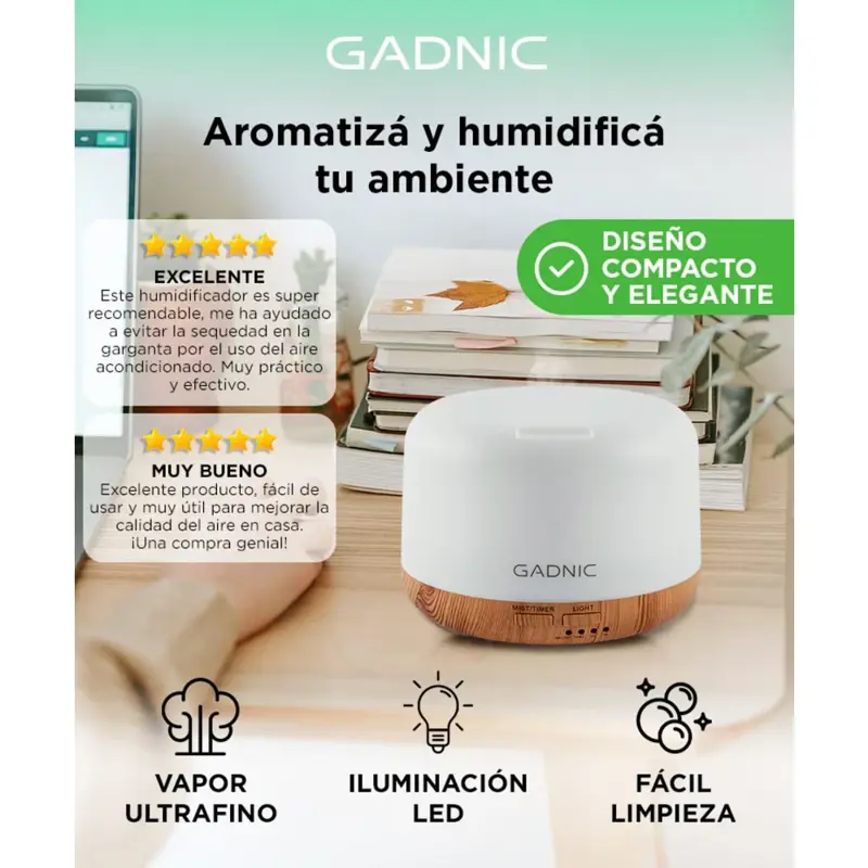Difusor Gadnic Bamboo Humidificador Ultrasónico 300ml 20hs 7 Colores