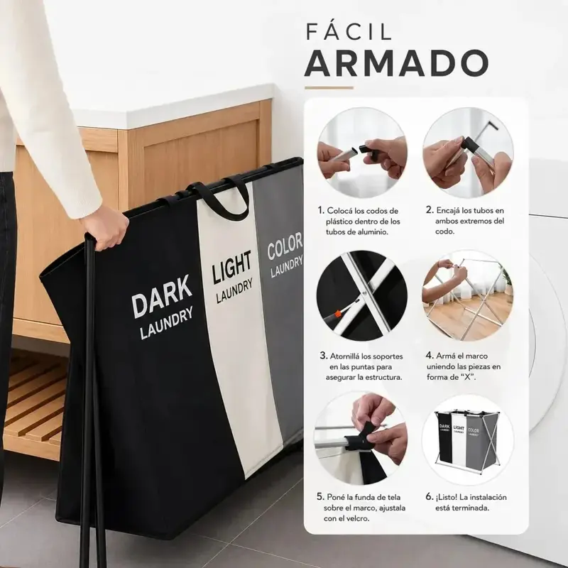 Cesto Organizador Ropa Sucia Plegable 3 Divisiones Lavadero