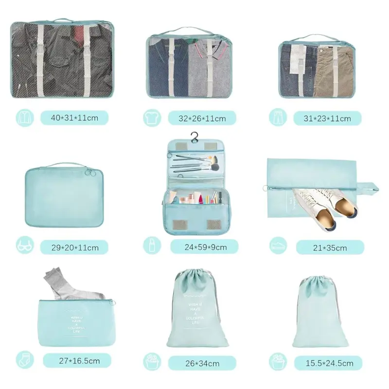 Organizador De Valija Set 9 Piezas Neceser Viaje Avion verde verde