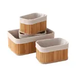 Set X4 Canasto Cesto Organizador Tela Y Bambú Rectangular 