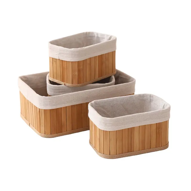 Set X4 Canasto Cesto Organizador Tela Y Bambú Rectangular