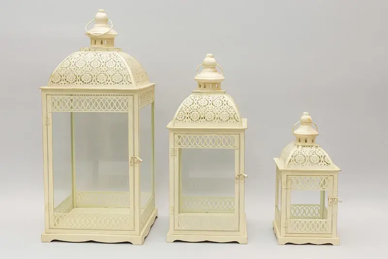 Juego Set X3 Farol Con Fanal Beige Con Vidrio Porta Vela