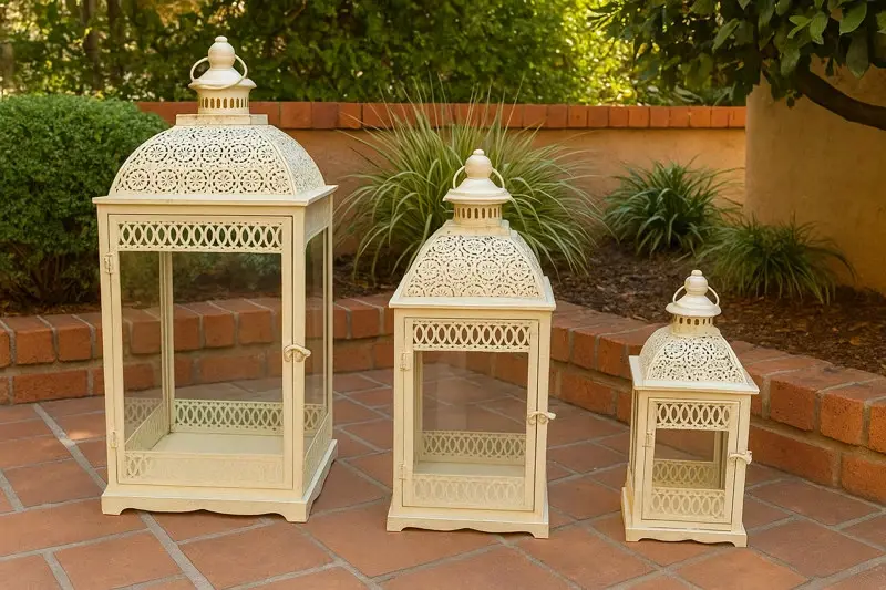 Juego Set X3 Farol Con Fanal Beige Con Vidrio Porta Vela